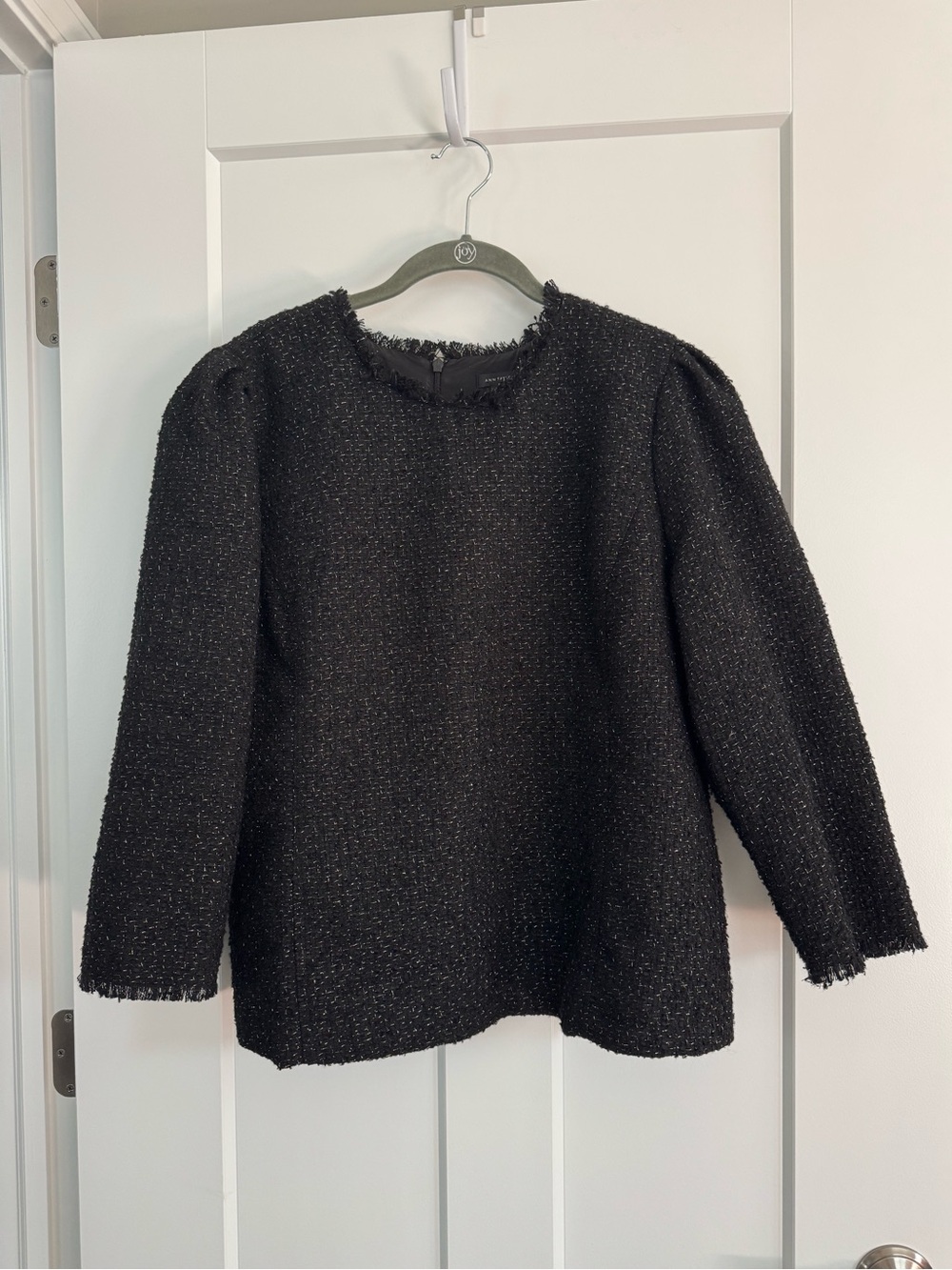 Ann Taylor Black Tweed Top with Fringe Trim